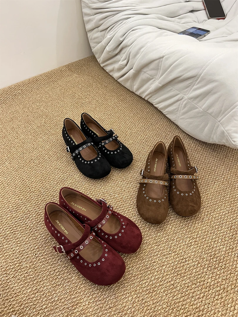 8919-16绒面休闲一字带百搭玛丽珍鞋圆头铆钉内增高浅口单鞋