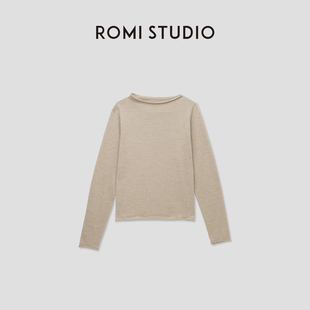 ROMI STUDIO “内外兼备" 100%澳洲羊毛卷边斜领打底T恤 23AWM1113