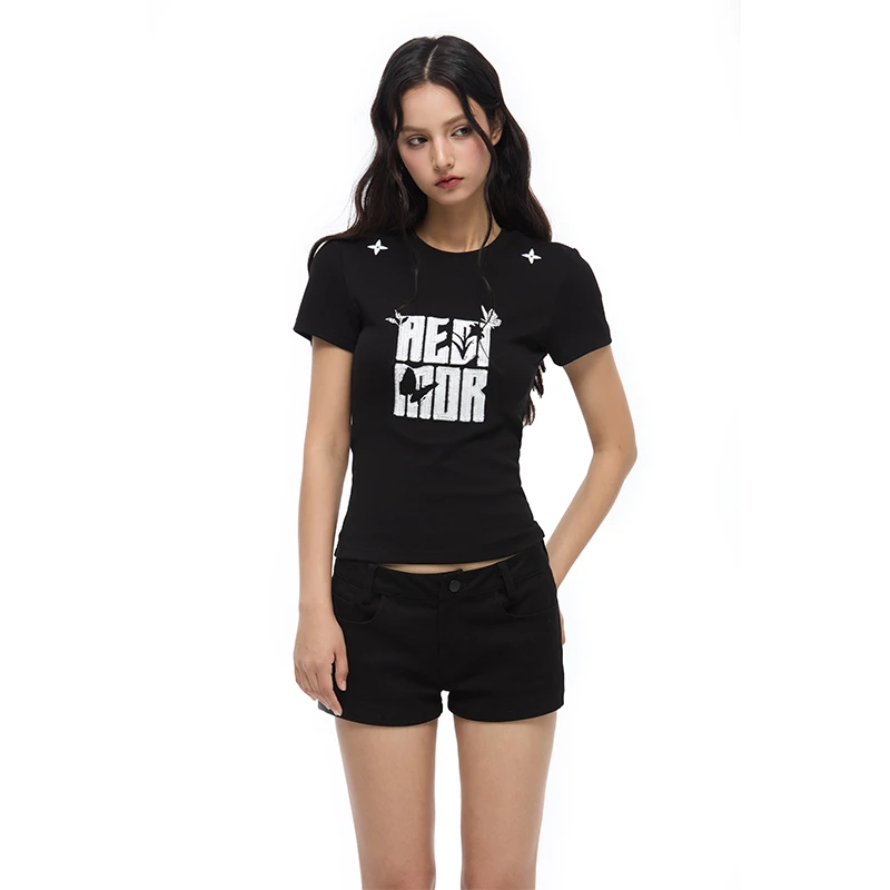 REDIMOR美式高街字母印花显瘦修身圆领短款T恤252RC1141