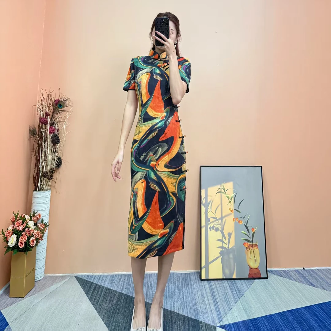 [依易原创]新中式气质复古撞色油画晕染磨毛修身旗袍裙E1217