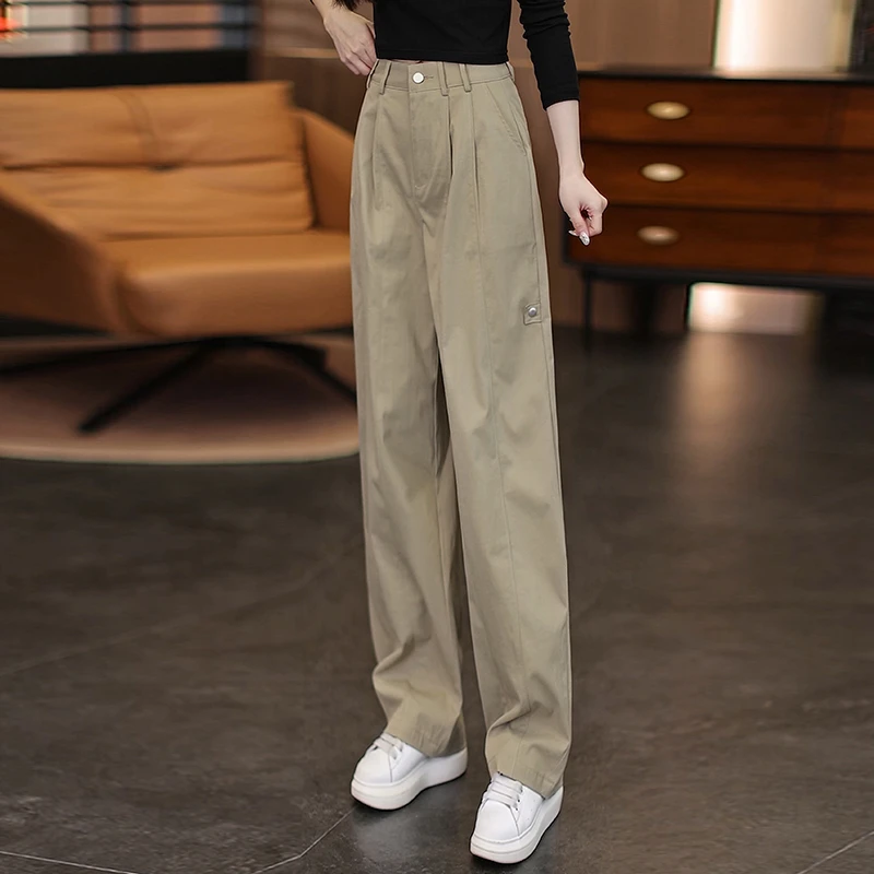 卡其色休闲阔腿裤女2025春秋新款高腰显瘦工装裤垂顺百搭直筒裤子