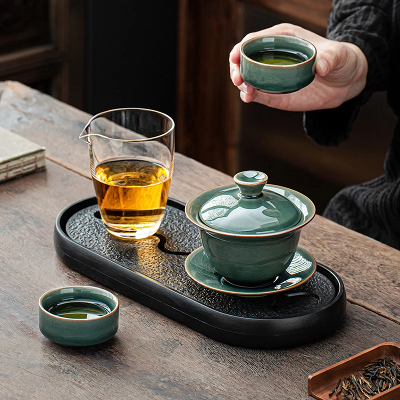 哥窑盖碗茶杯小套装办公二人用茶具茶盘陶瓷三才茶碗不烫手泡茶器