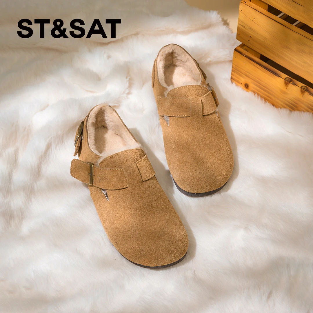 星期六加绒勃肯鞋女冬季2025新款一脚蹬软底棉鞋平底保暖毛毛鞋