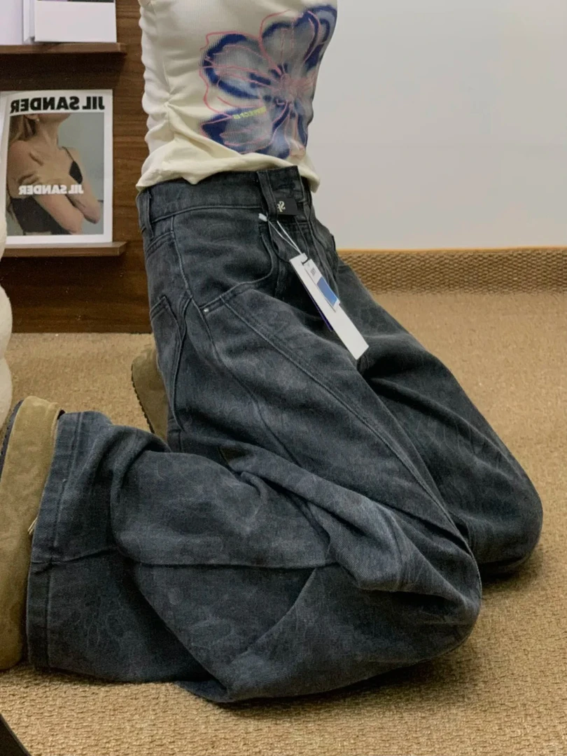 印花高腰辣妹风美式牛仔裤女秋冬新款大码胖mm宽松显瘦阔腿弯刀裤