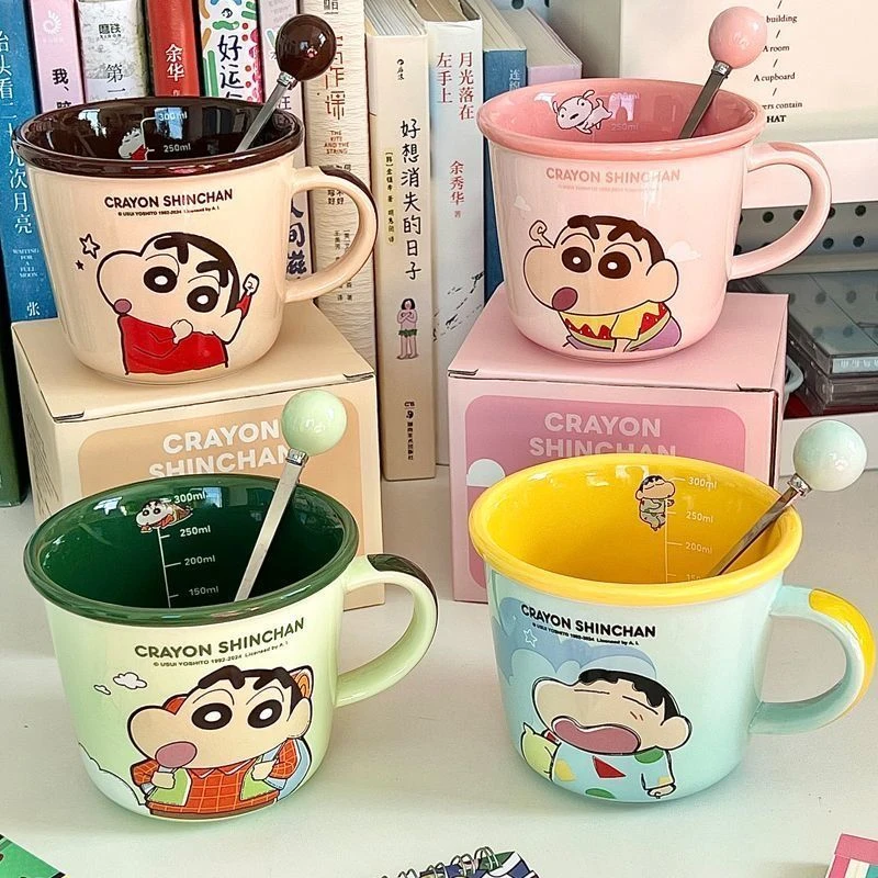 正版蜡笔小新家用高颜值可爱陶瓷马克杯喝水刻度杯咖啡杯子牛奶杯
