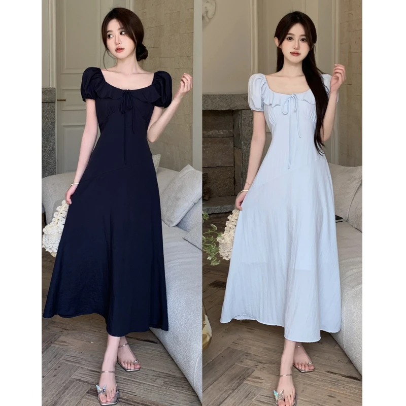 大码胖mm女装学院风修身连衣裙领口荷叶边设计超级好看长裙女