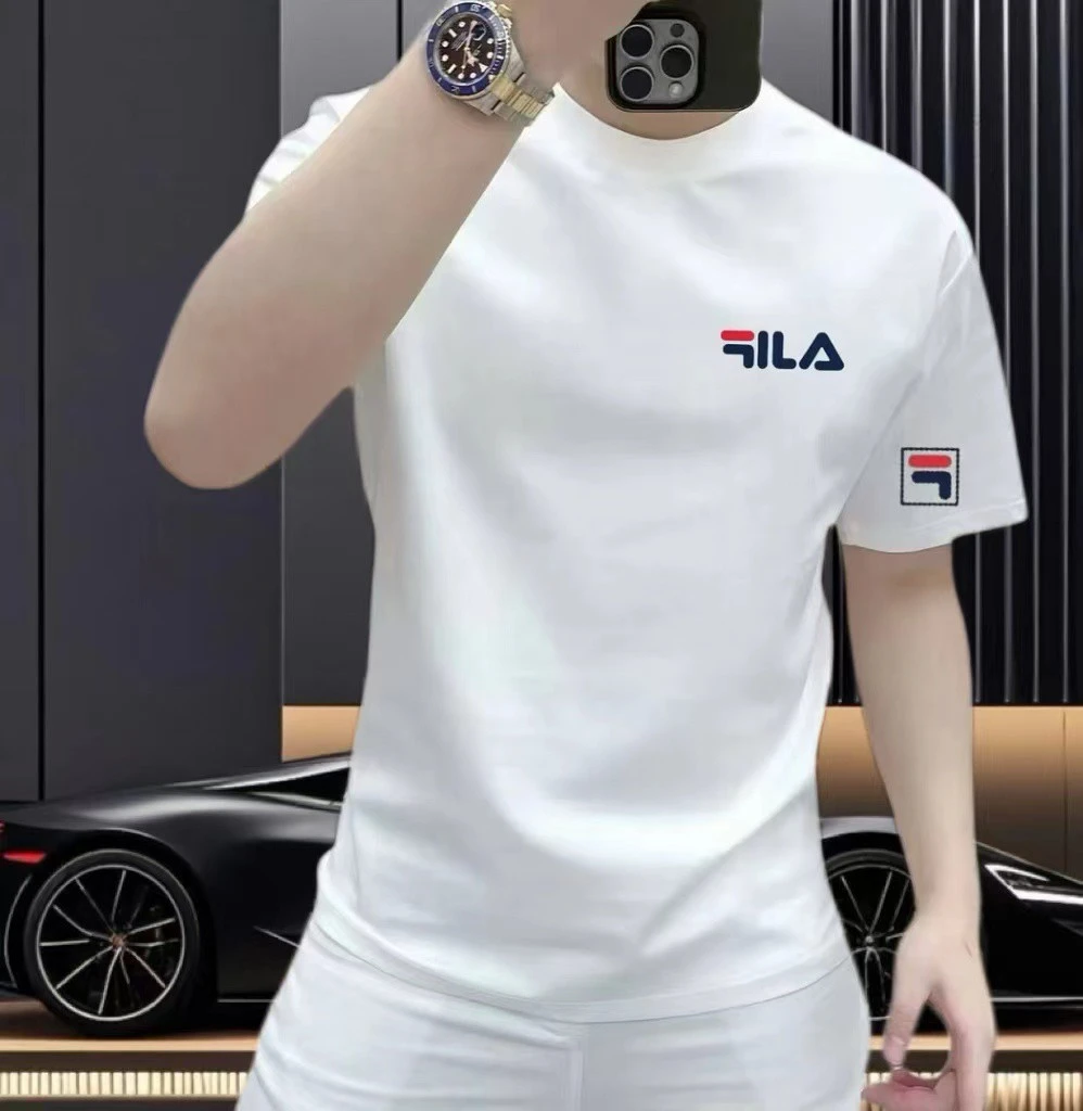 2025夏季新款时尚潮流男士百搭高端弹力修身圆领短袖体恤印花纯棉