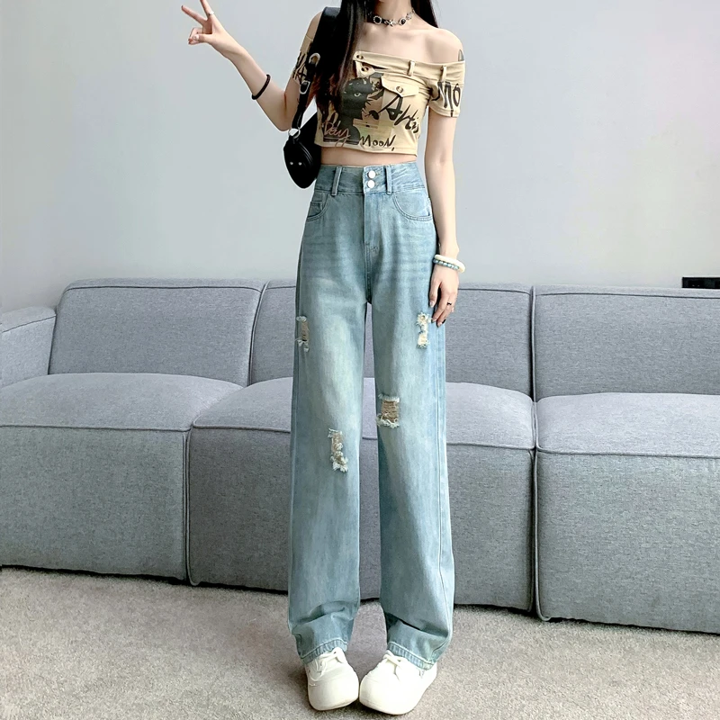 冰肤柔超薄高腰直筒牛仔裤女夏季新款前后破洞宽松显瘦窄版阔腿裤