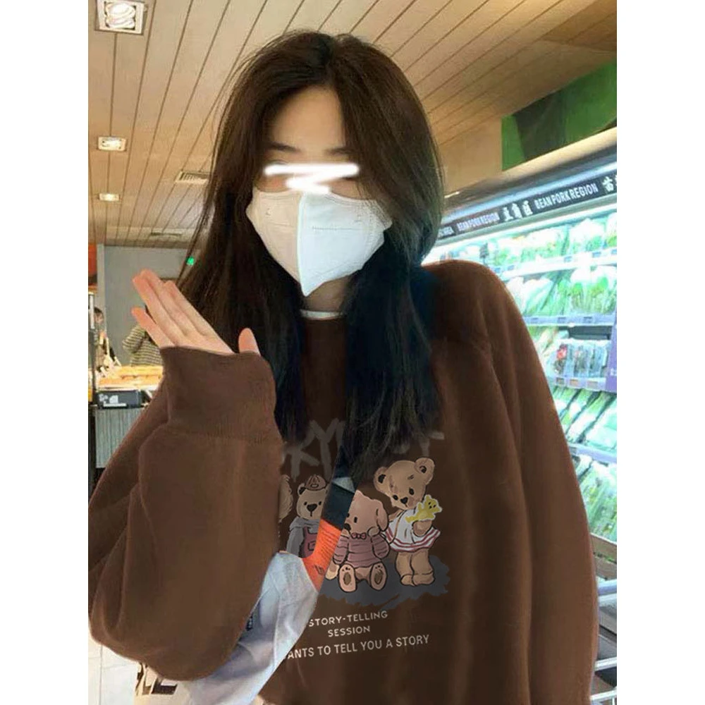 无帽咖色圆领卫衣女2025秋冬韩版宽松慵懒风中长款减龄印花套头