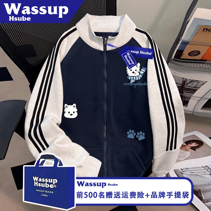 WASSUP HSUBE秋冬全拉链卫衣卡通小狗印花上衣男女学院风设计开衫