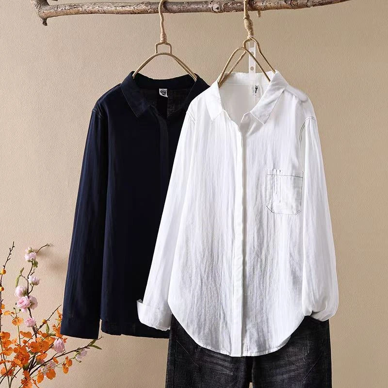 春季新款时尚大码显瘦长袖衬衫女春秋休闲百搭宽松文艺衬衣女348