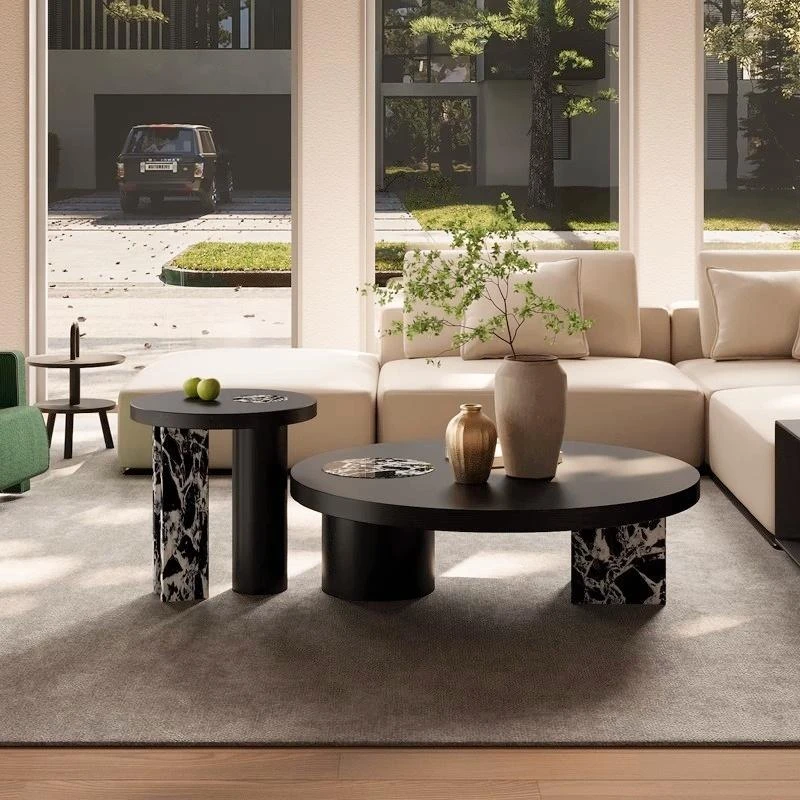 中古风轻奢高端大理石茶几复古简约实木台面茶台圆形组合茶桌定制