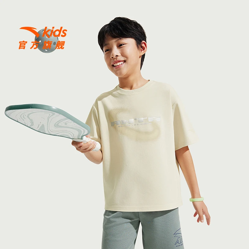 安踏儿童男大童针织短袖衫2025夏新亲肤青少年宽松圆领短袖7112