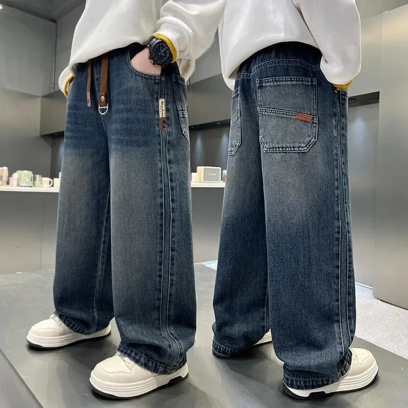 男童直筒牛仔裤2025新款中大童宽松秋冬季新款长裤儿童百搭加绒裤