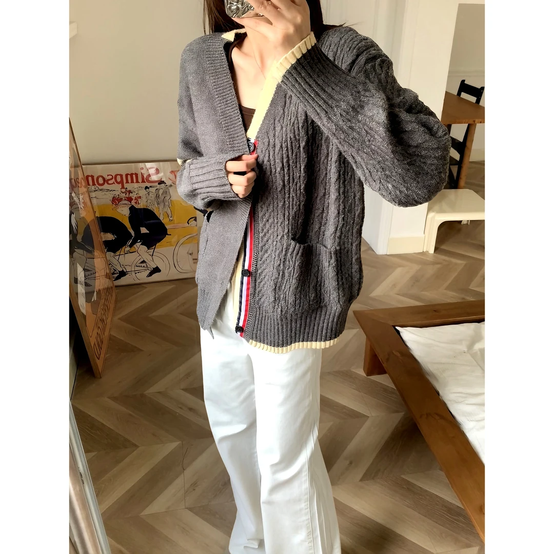 48H【t*b图书馆】加长叠穿学院风V领针织开衫毛衣新款外套 25177