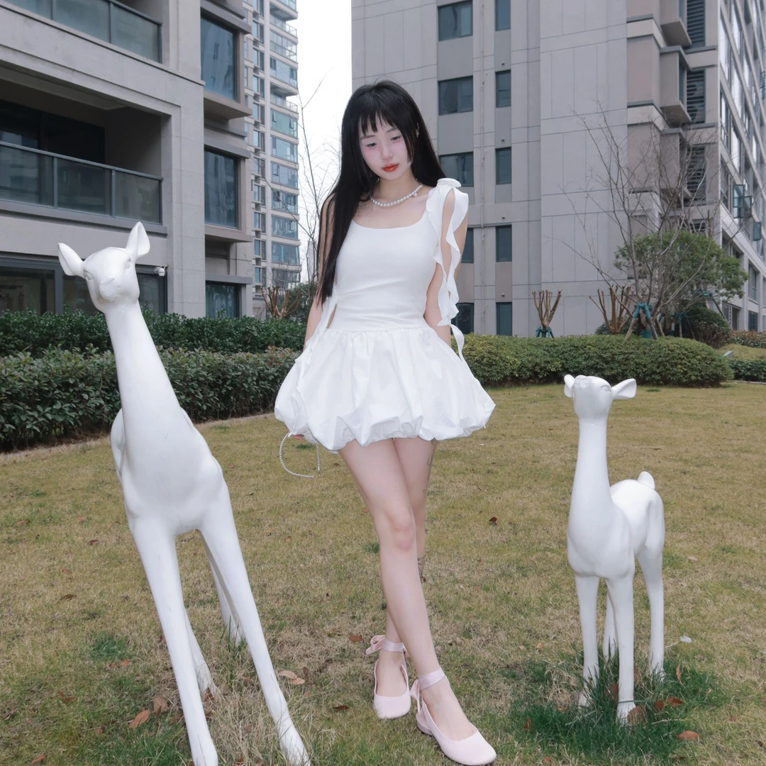 ouousweety【背心花苞裙】白色短款夏季显瘦甜美少女纯欲法式荷叶边