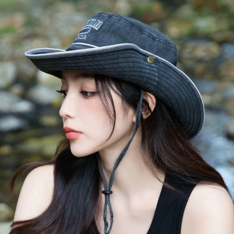 新款西部牛仔帽夏季显脸小渔夫帽女百搭户外徒步登山帽防晒遮阳帽