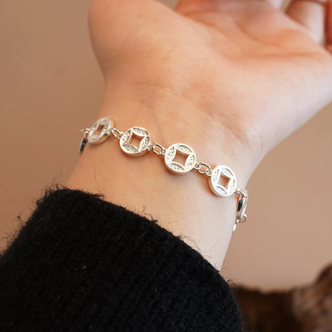 足银手链  民族风金钱貔貅纳福手链