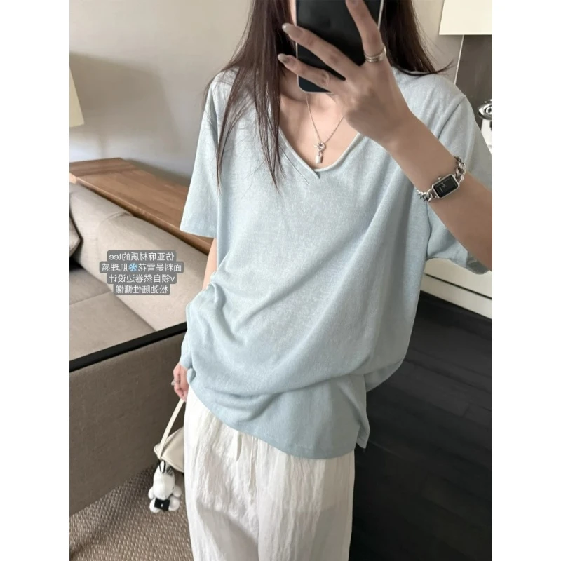 雪花棉亚麻薄款v领蓝色短袖t恤女夏季宽松慵懒松弛感显瘦韩系上衣
