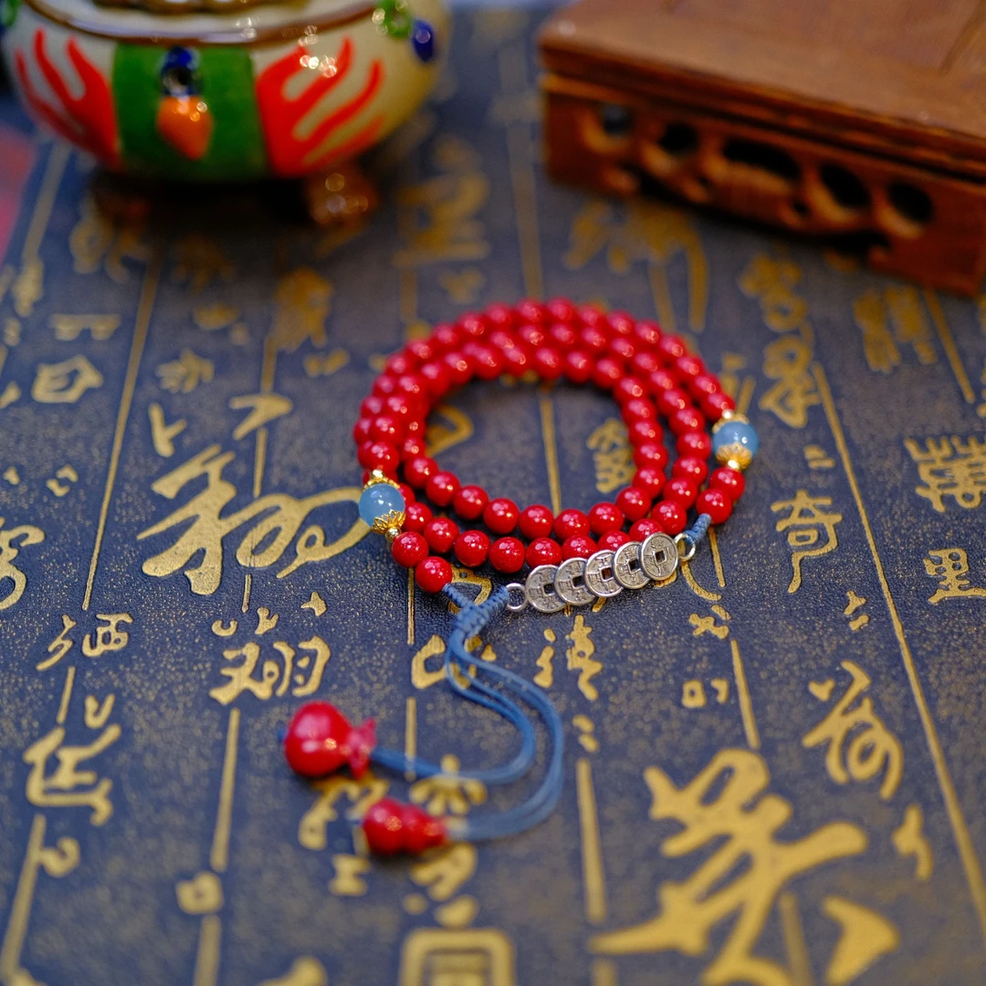 含辰砂工艺品【天然朱砂晶体颗粒】红晶砂S925五帝钱乾道嘉钱到家串