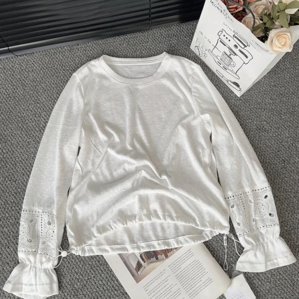 刺绣常规款镂空长袖新潮风T恤内搭打底衫短款百搭白色秋季休闲