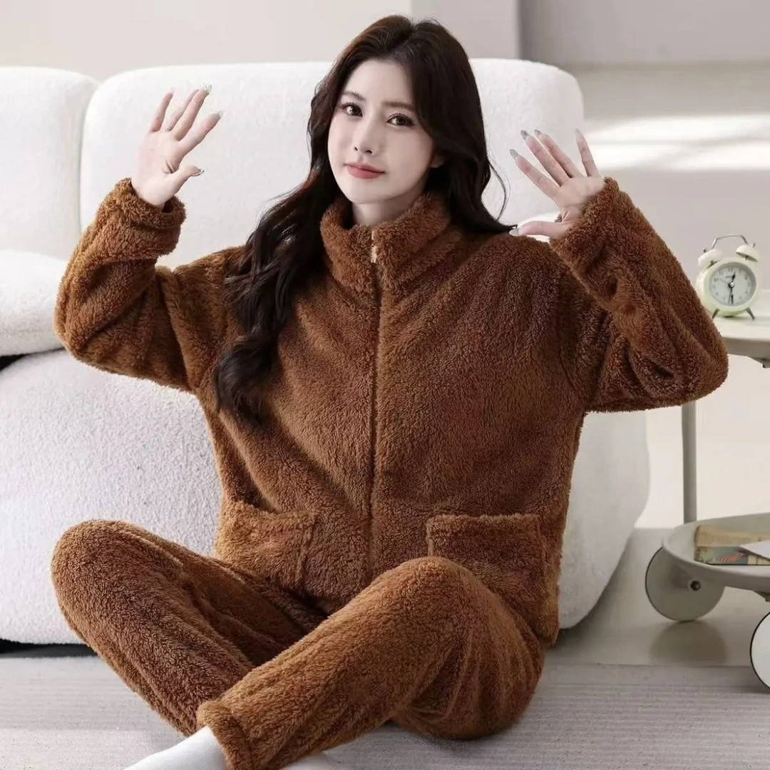 睡衣女冬季加绒保暖拉链设计感外穿家居服宽松休闲两件套