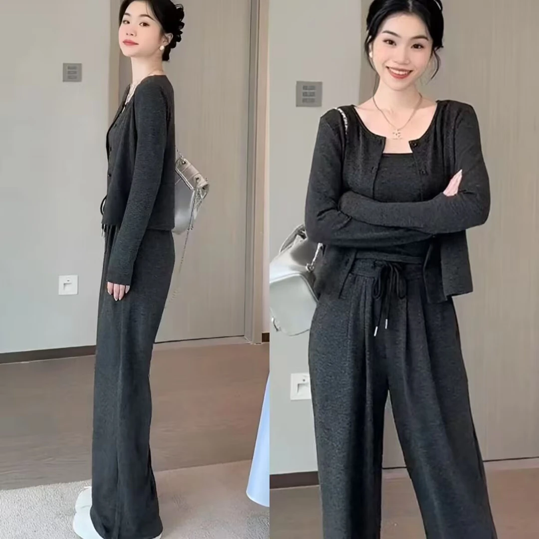2025春秋新款时尚套装女宽松显瘦慵懒风针织开衫三件套吊带阔腿裤
