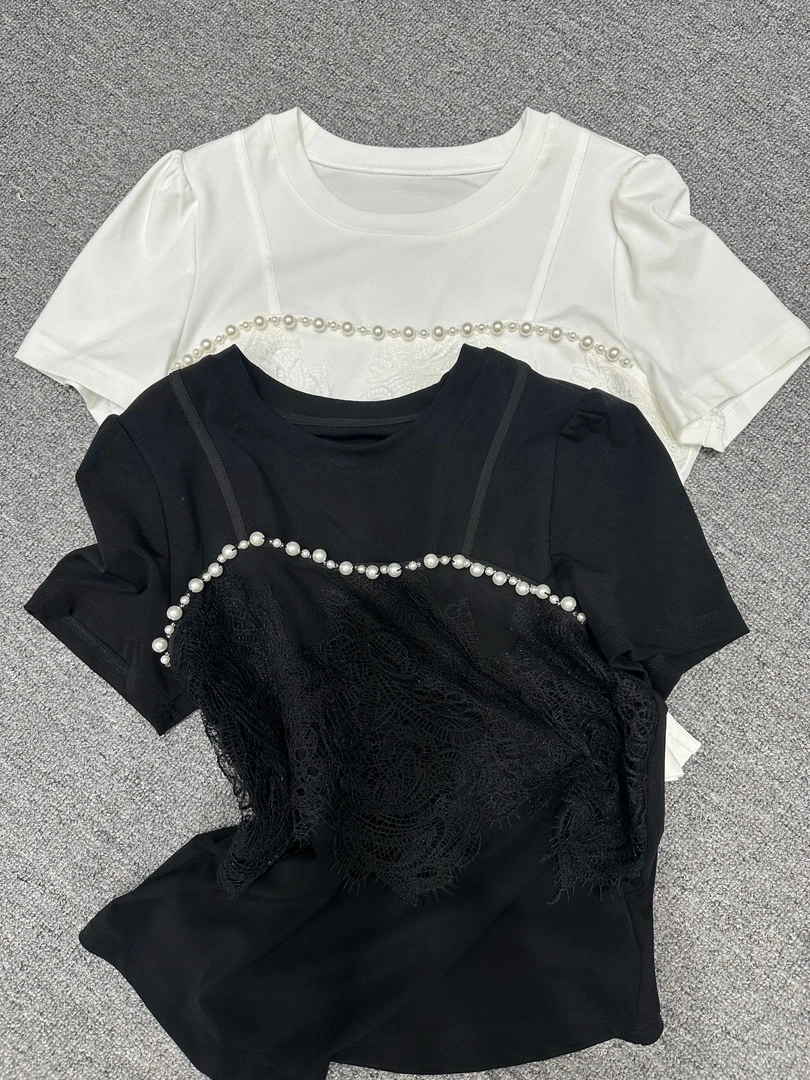 2025【蕾蕾家】夏季时尚洋气极简韩系蕾丝珍珠假两件短袖T恤