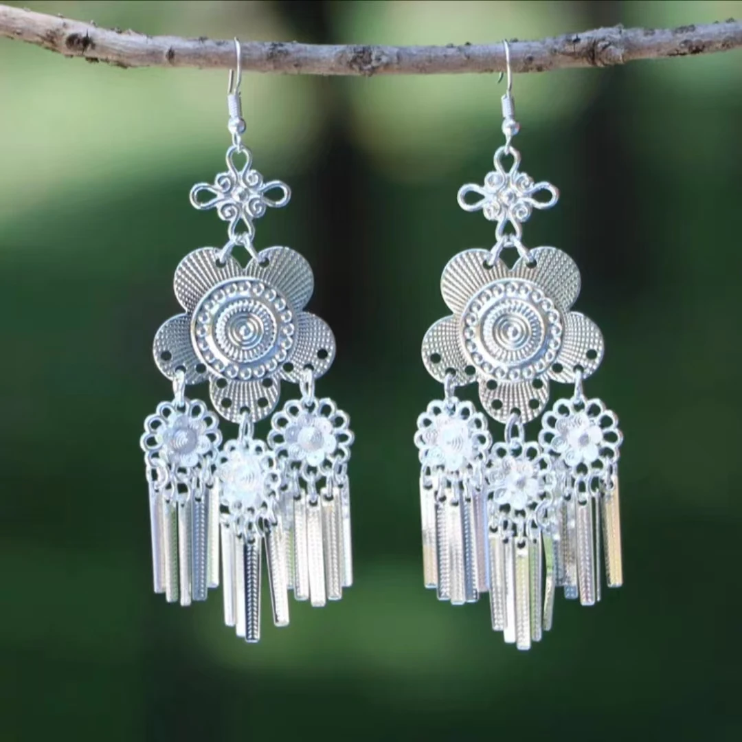 合金耳饰 经典云南民族风长流苏耳环民族节目项圈配饰耳坠新款