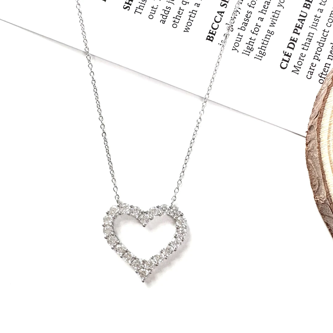 坠链均925银合成锆石 轻奢时尚s925镀18k满钻镂空爱心项链-x0093