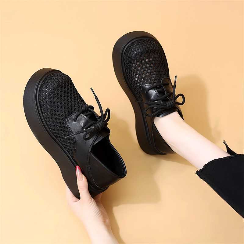 网面勃肯凉鞋女款2025夏季新款时尚百搭增高显瘦镂空系带乐福网鞋