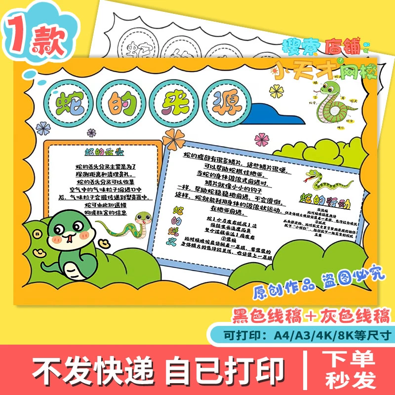 蛇的来源手抄报模版电子版动物成长记录介绍卡黑白线稿e182