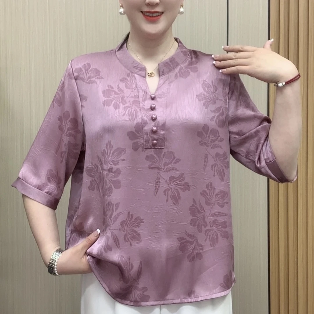 【胭脂粉韵】新款减龄宽松大码气质百搭中袖五分袖夏季宽松透气小衫