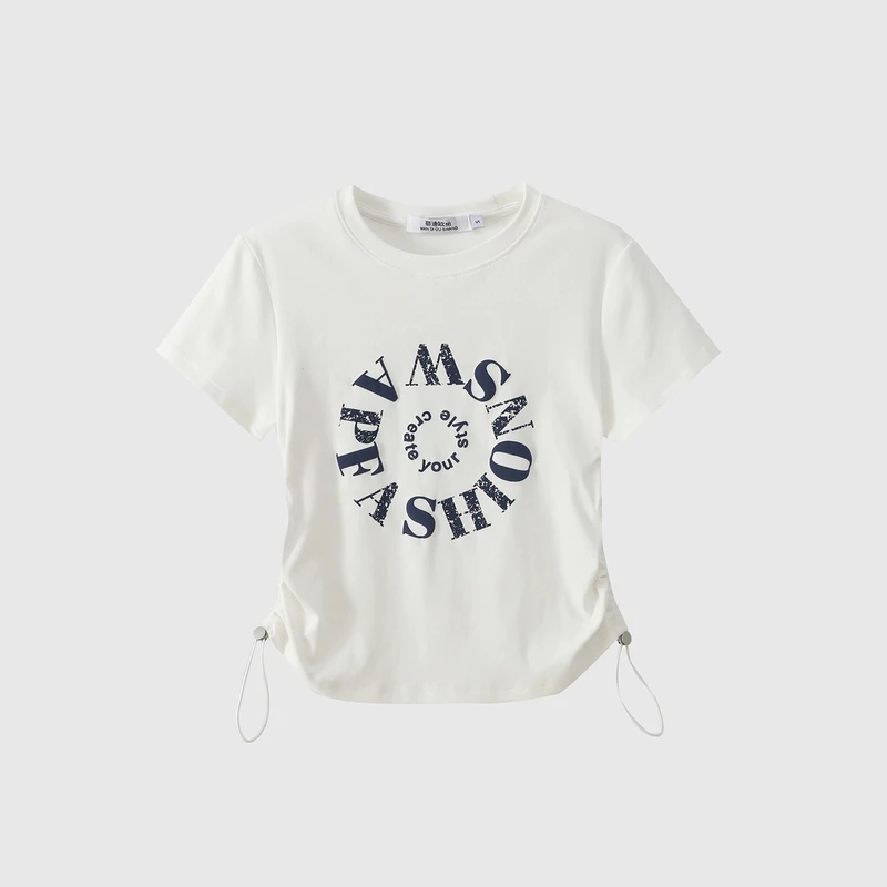 2025夏季新款时尚洋气百搭抽绳短袖上衣小个子显瘦印花圆领T恤潮