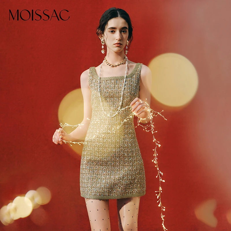 【蒋千金】商场同款 摩萨克秋香风香槟金珠片粗花呢修身连衣裙女