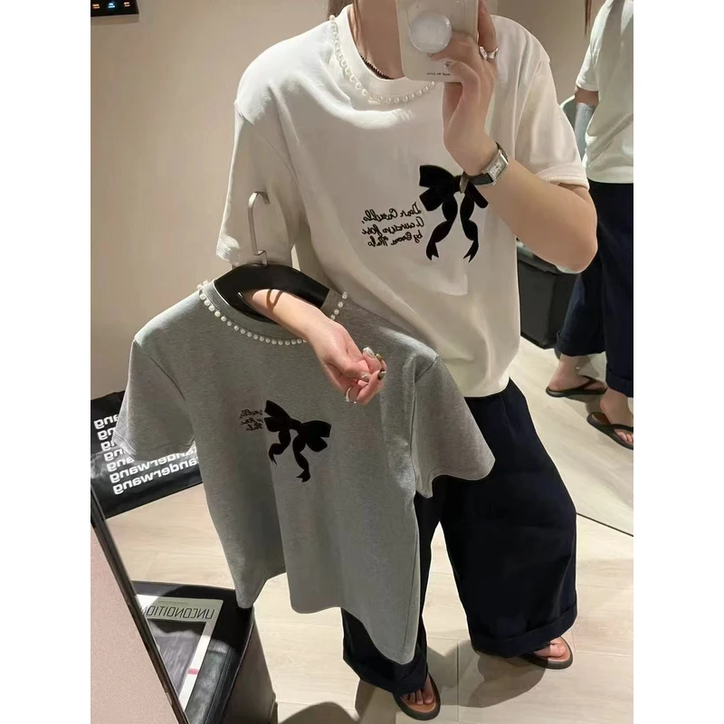 2275春季新款珍珠蝴蝶结圆领显瘦短袖T恤