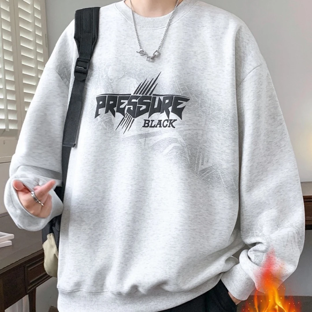 秋冬新款青少年加绒加厚圆领卫衣韩系痞帅舒适保暖卫衣卫裤套装