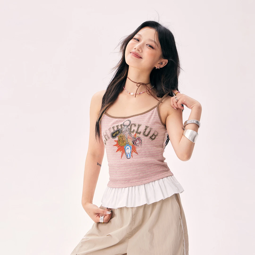 CHUU夏季女装撞色拼接设计字母印花工字休闲设计个性辣妹背心