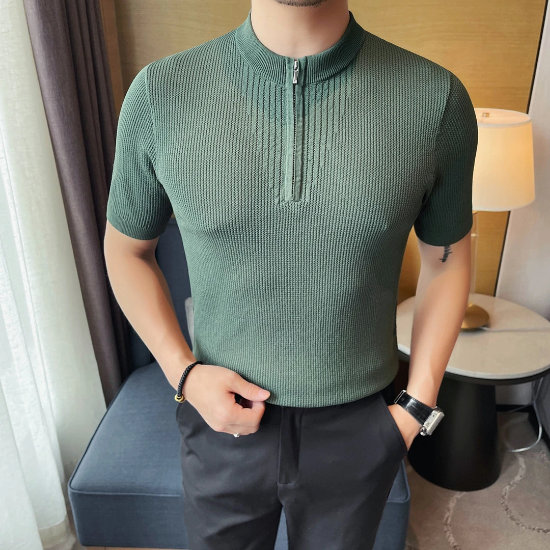 夏季男士休闲薄款镂空半袖潮流修身针织百搭拉链款立领polo衫短袖