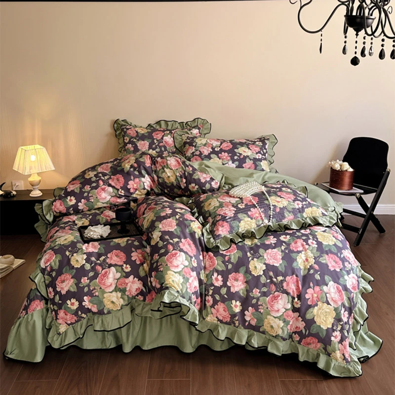 2025新款全棉法式床盖四件套被套款韩版小清新防滑加厚床单荷叶边