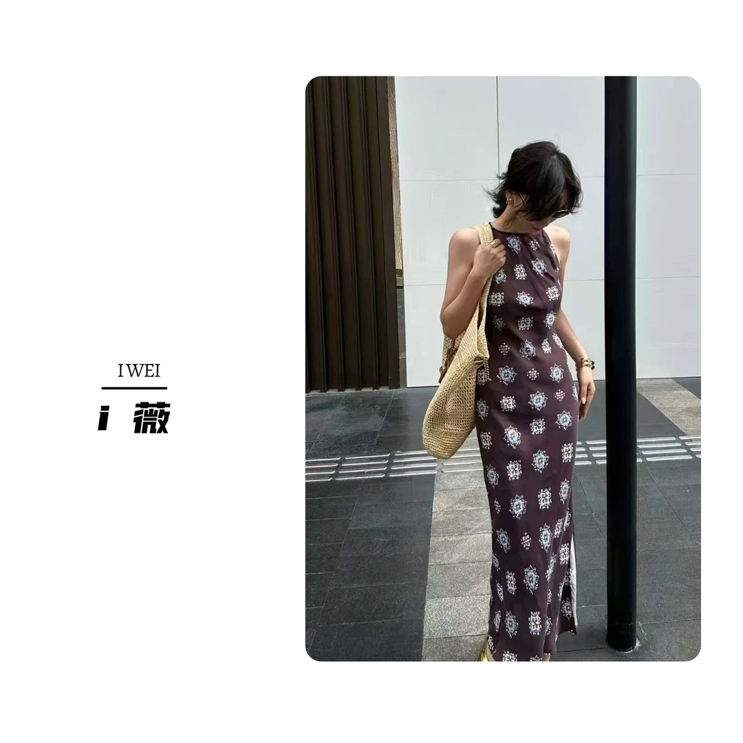 【夏日花语】2025夏季新款人造丝斜裁印花开叉无袖气质修身连衣裙女