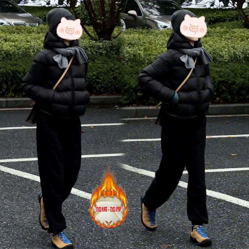 秋季慵懒风穿搭一整套短款连帽设计棉服外套搭配加绒休闲裤两件套