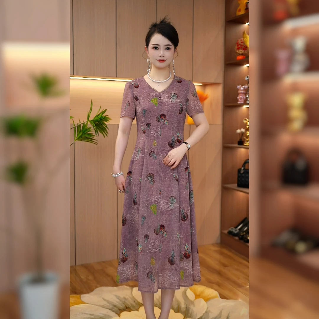 2025夏季新款短袖时尚妈妈装时尚洋气显瘦连衣裙优雅修身气质