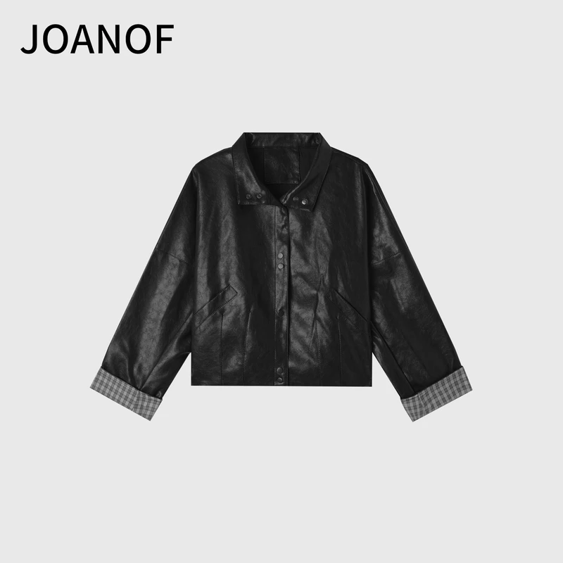 JOANOF复工港风翻格子黑色外套秋款宽松休闲PU皮衣夹克-【X716】