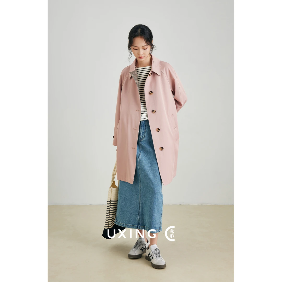 原形2026春季新款气质风衣女中长款宽松英伦风格子拼色外套U84035