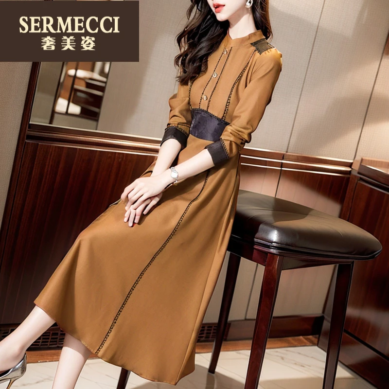 奢美姿秋季气质高端精致高级感显瘦棕色拼接设计感连衣裙