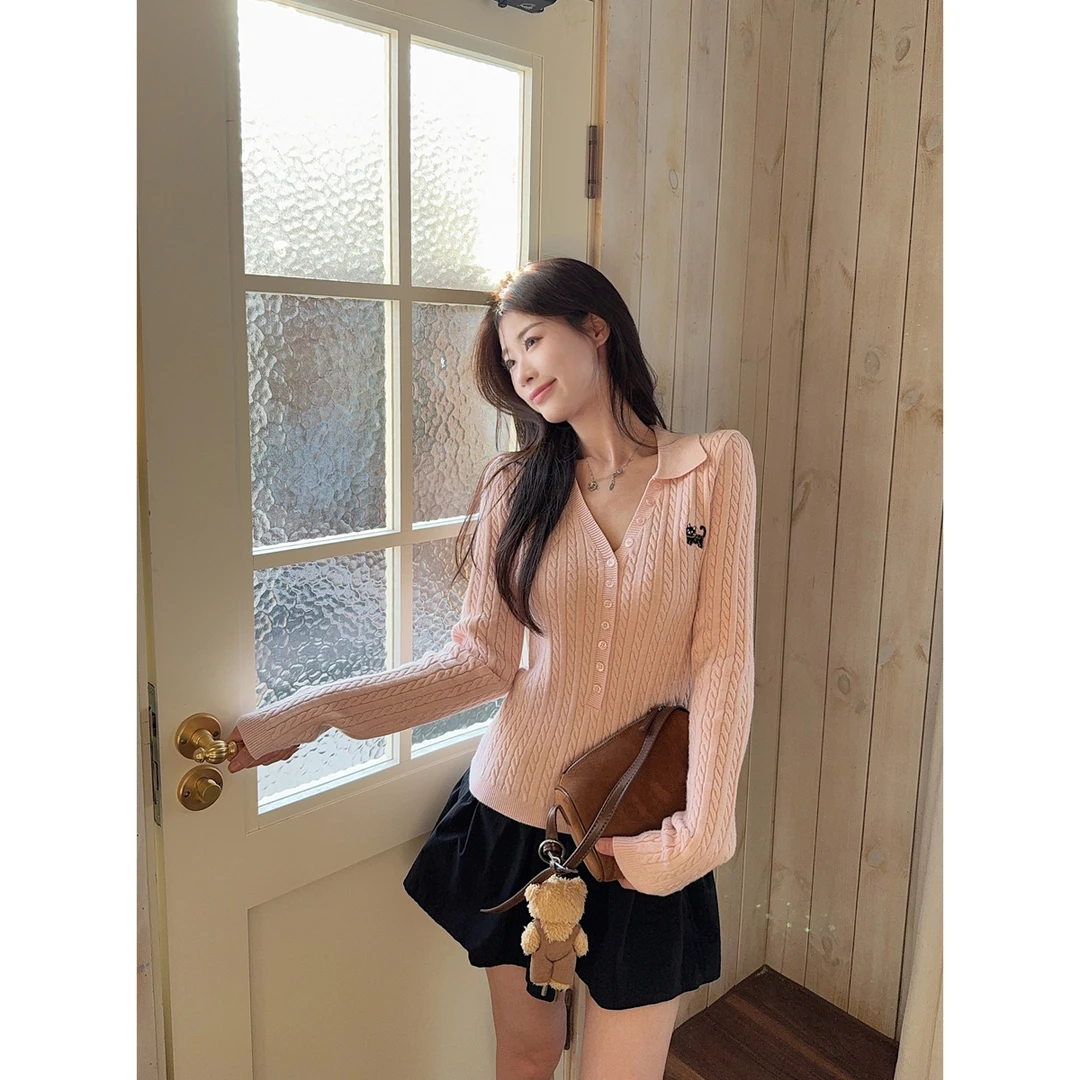 上衣开衫秋冬韩版气质polo纽扣麻花刺绣修身安迪绒针织衫毛衣