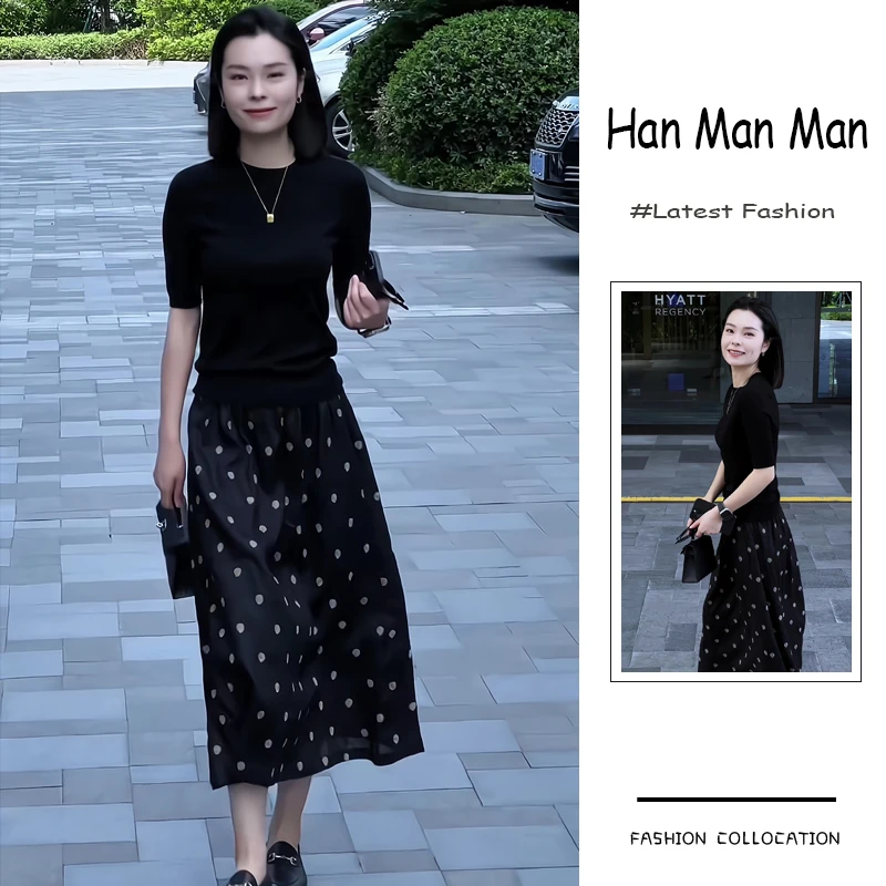 夏季流行穿搭一整套新款2025韩版轻熟风百搭短袖上衣波点裙两件套