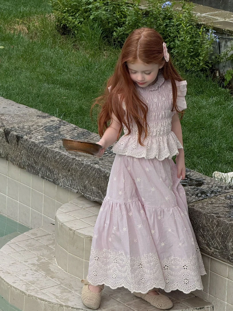 2025夏季新款童装女童飞袖套裙韩版儿童娃娃衫刺绣长裙套装5659