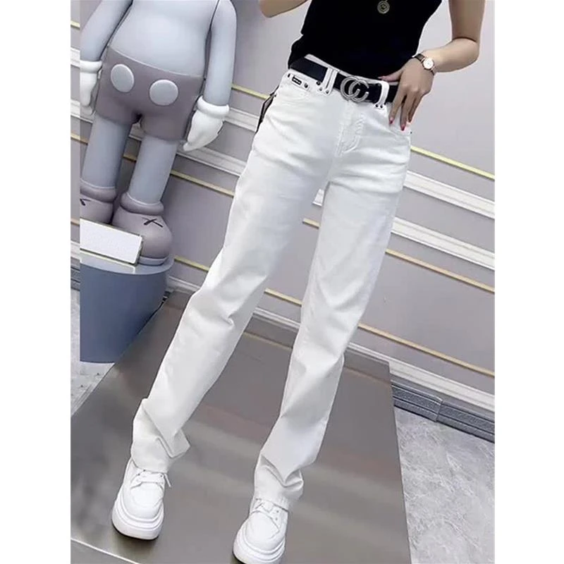 大码弹力白色直筒牛仔裤女春秋胖妹妹高腰显瘦窄版阔腿拖地长裤子